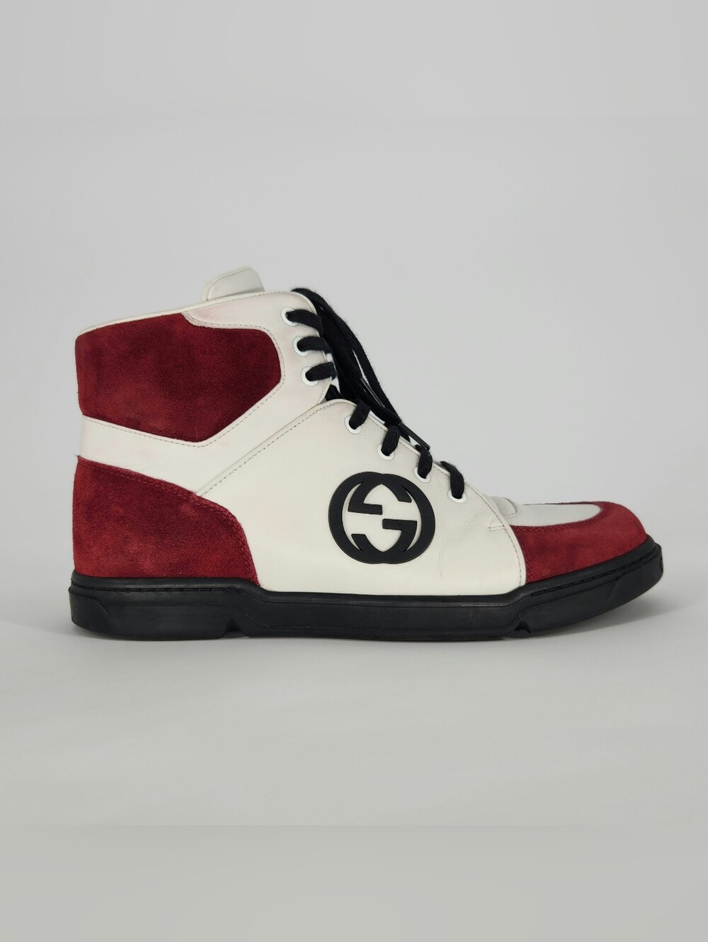 Gucci Men's Hi-Top White Leather & Burgundy Suede Sneakers Size US 9 / UK 8
